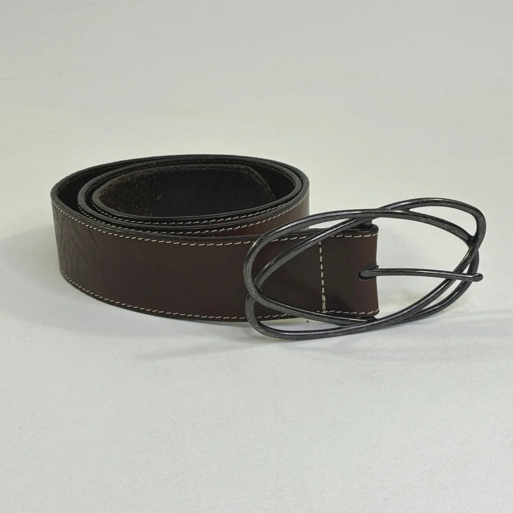 Eddie Bauer Mens Brown Leather Belt USA Made Double Oval Buckle Size M 16-4432